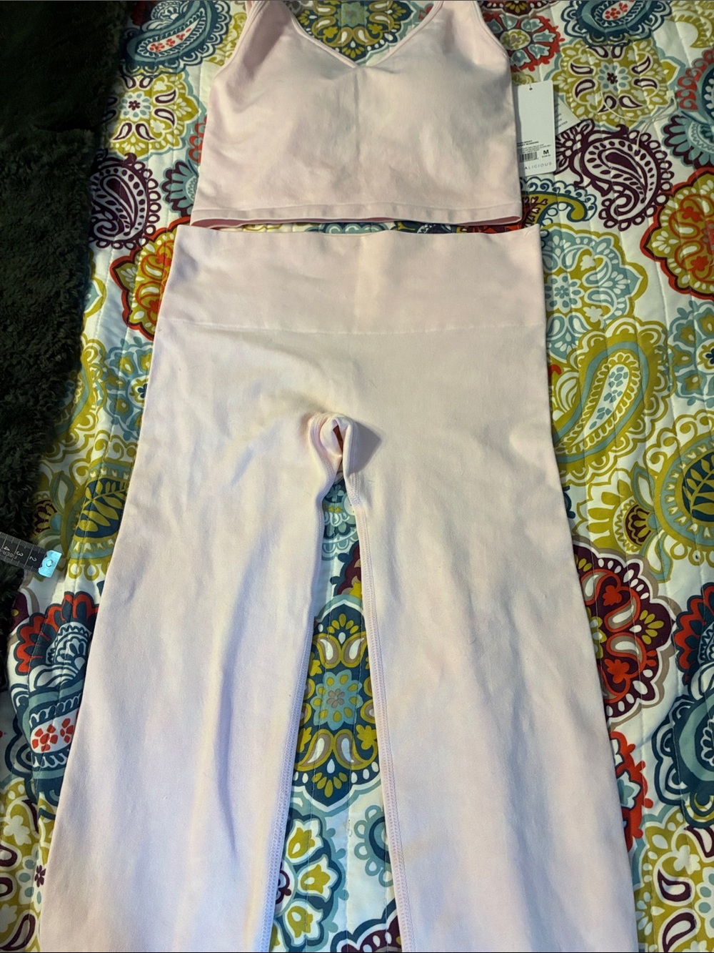 Yogalicious Light Pink Ribbed High-Waist Leggings and Sports Bra